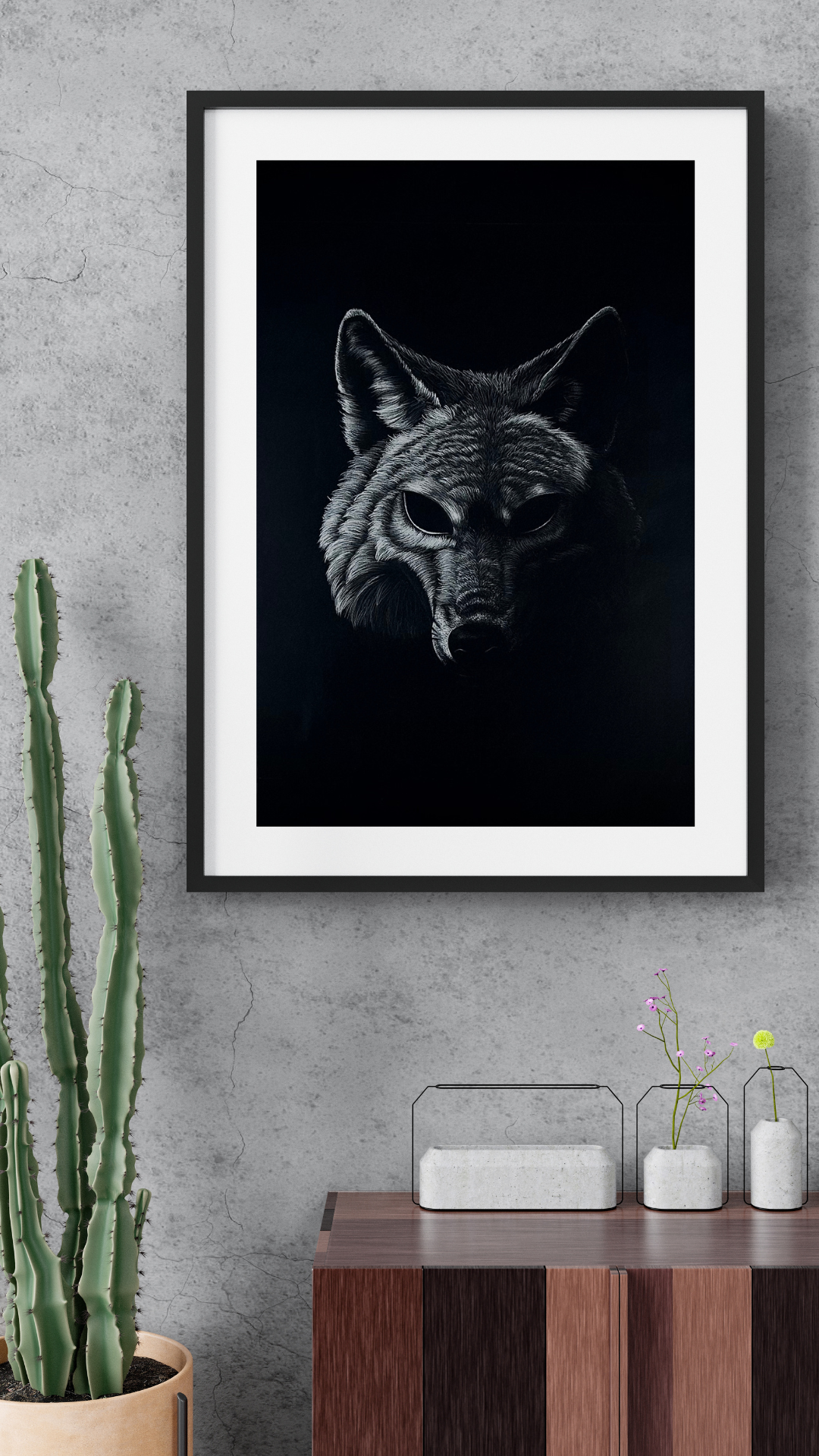 Wolf Mask Drawing in Black and White